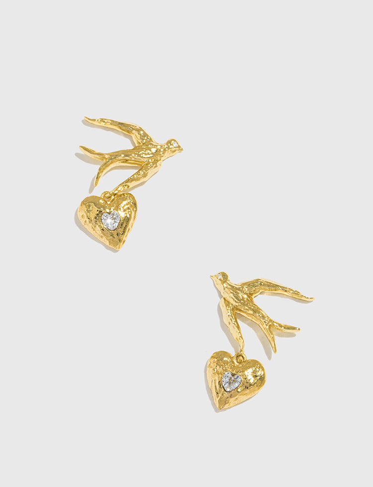 飞鸟爱心镶锆石耳环 Stray Birds Heart Earrings