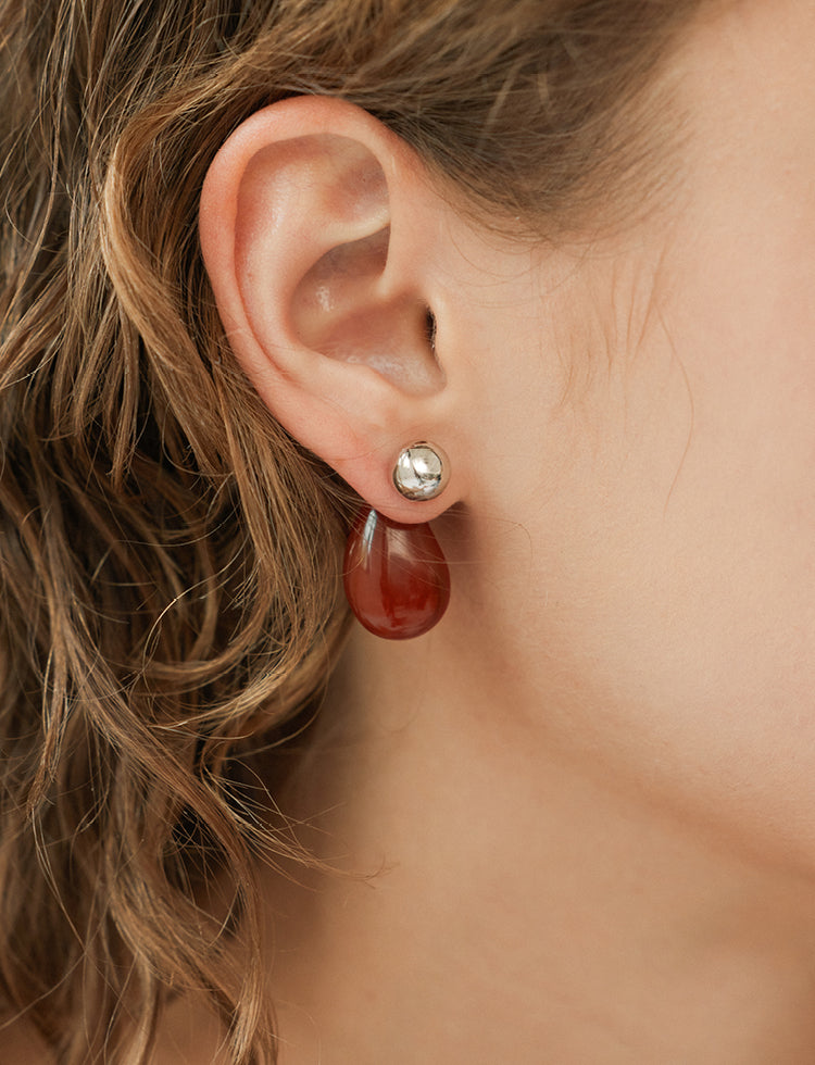 金属红玛瑙拼接耳环 Red Agate Embellished Earrings