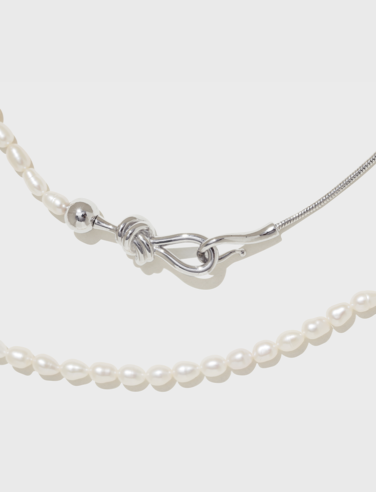 淡水珍珠拼金属链绳结扣长项链 Pearl Knot Long Necklace