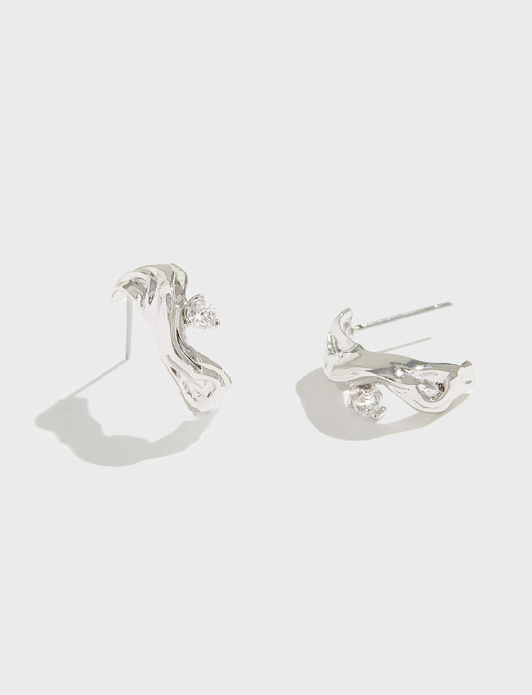 水浪磨砂肌理镶锆石耳圈耳环 Wave Polished Earrings