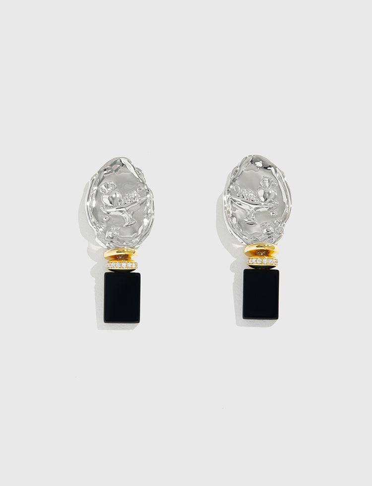 浮雕黑玛瑙耳环 Embossed Agate Drop Earrings