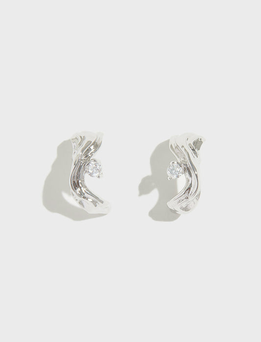 水浪磨砂肌理镶锆石耳圈耳环 Wave Polished Earrings